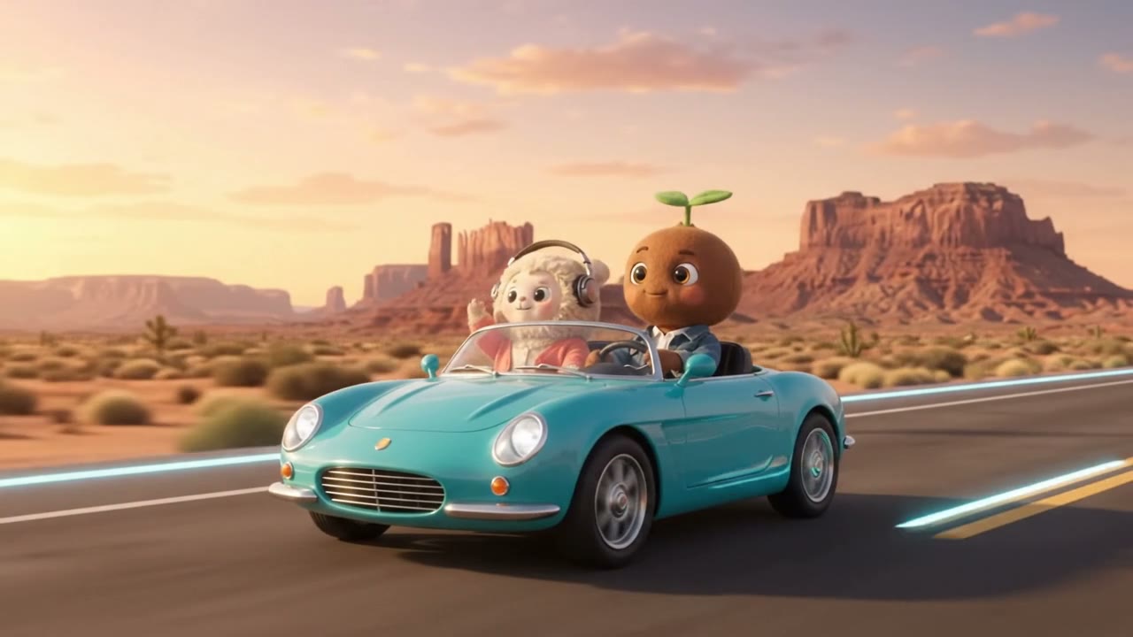 Pippin and Muse in a turquoise convertible on a desert highway